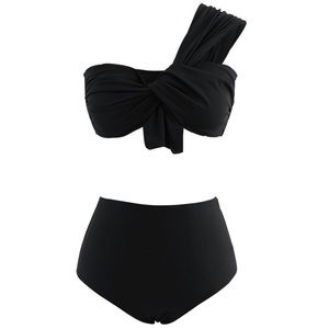 SWEET KNOT ONE-SHOULDER BIKINI SET IN BLACK NWT